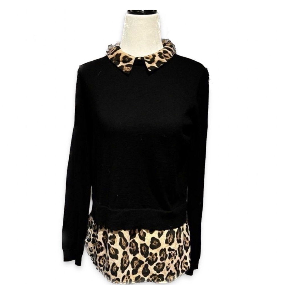 Marled Black Sweater with Leopard Print Collar